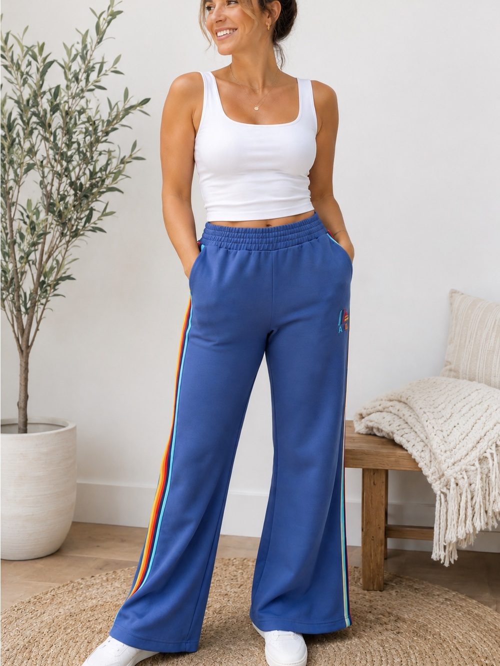 ALDI Gear XL Rainbow Stripe Lounge Pants Wide Leg TENCEL Modal Blue Athleisure